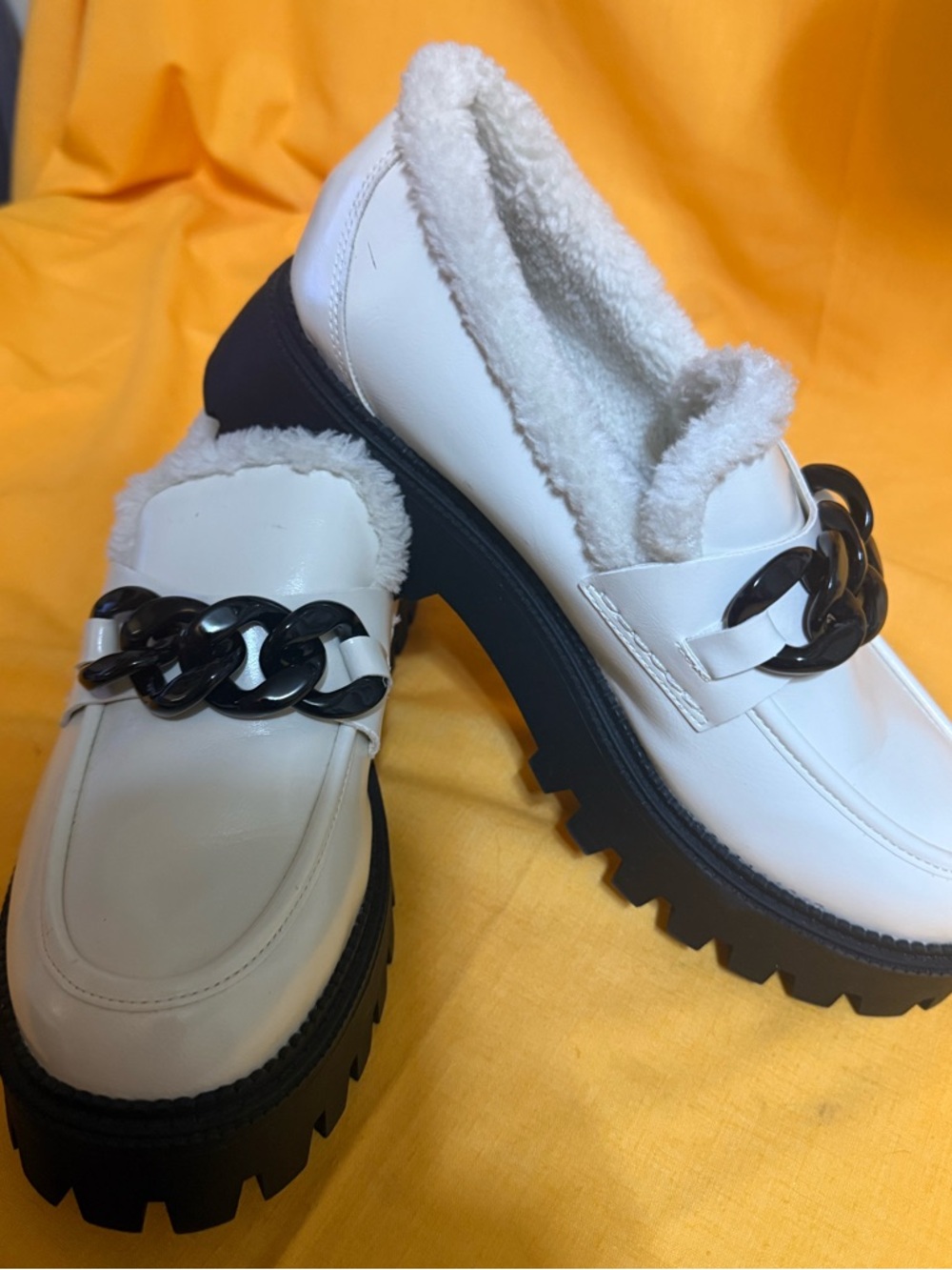 DV by Dolce Vita White Faux-Shearling Loafers with Black Chain Accent